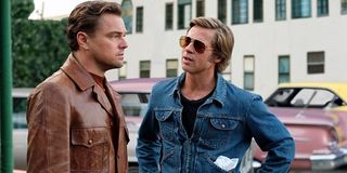 Leonardo DiCaprio and Brad Pitt talking in Once Upon a Time in Hollywood