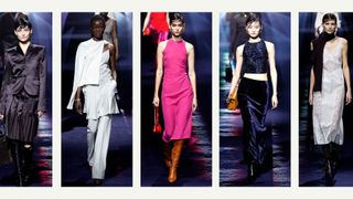 composite of five models walking the runway for fendi at milan fashion week 2023