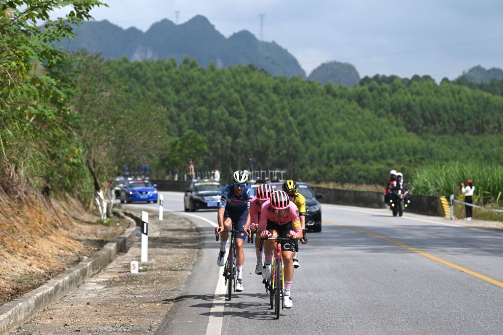 NONGLA CHINA OCTOBER 19 LR Warre Vangheluwe of Belgium and Team Soudal QuickStep and Stefan Bissegger of Switzerland and Team EF Education EasyPost lead the breakaway during the 5th GreeTour Of Guangxi 2024 Stage 5 a 1658km stage from Yizhou to Nongla 641m UCIWT on October 19 2024 in Nongla China Photo by Dario BelingheriGetty Images