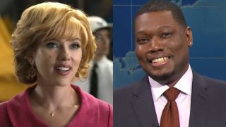 Scarlett Johansson in Fly Me to the Moon and Michael Che on Saturday Night Live's Weekend Update.