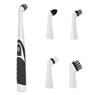 A white and black electric scrubbing brush with four interchangeable heads 