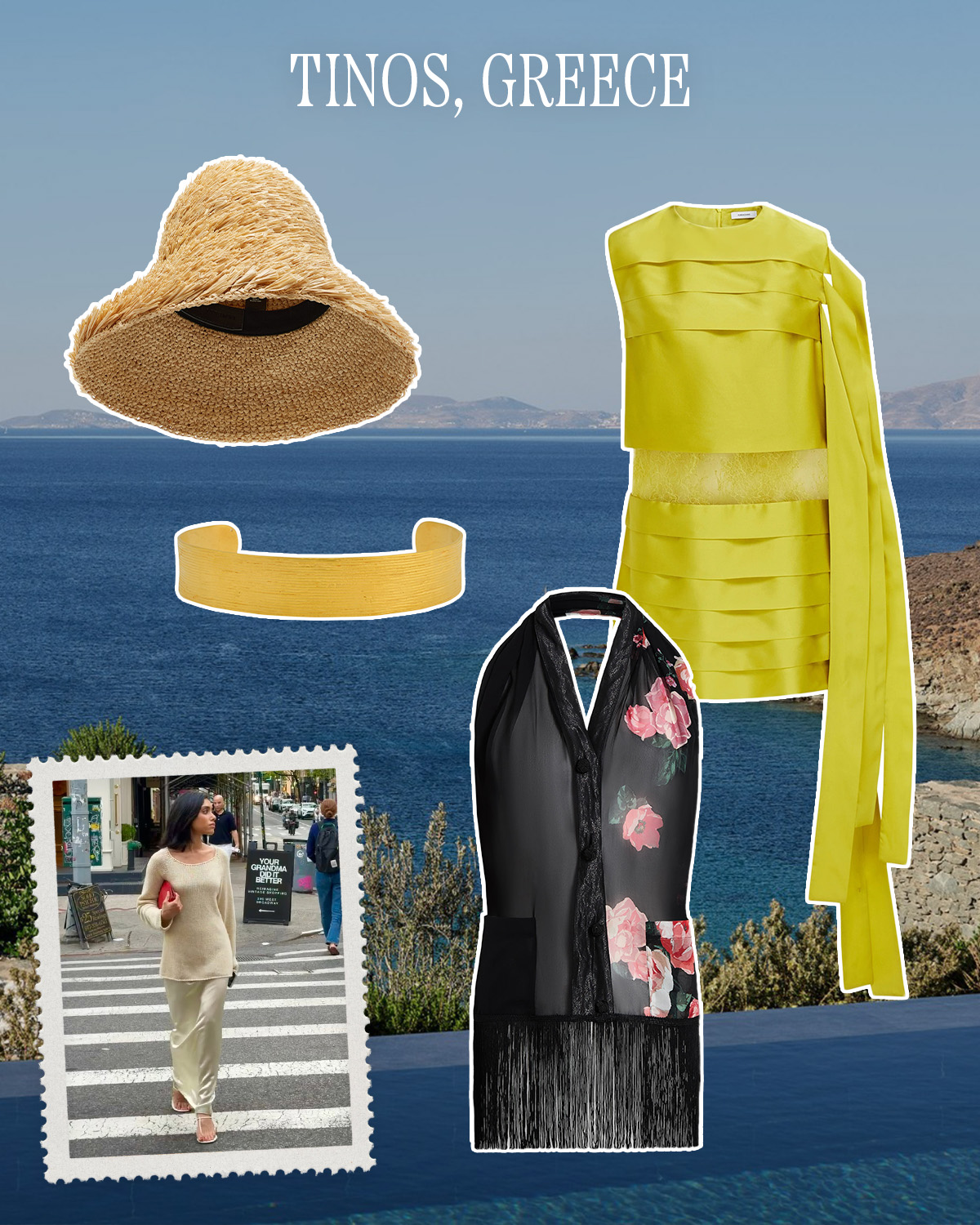 a collage of stylist and tastemaker outfits with vacation destination imagery and products featuring what to pack there