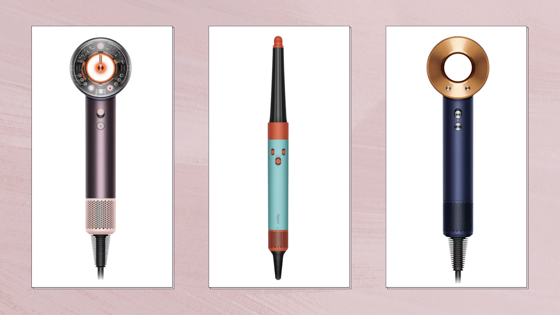 A selection of product shots of Dyson's hair dryers and multi-stylers, featured in a pastel purple, watercolour paint-style template