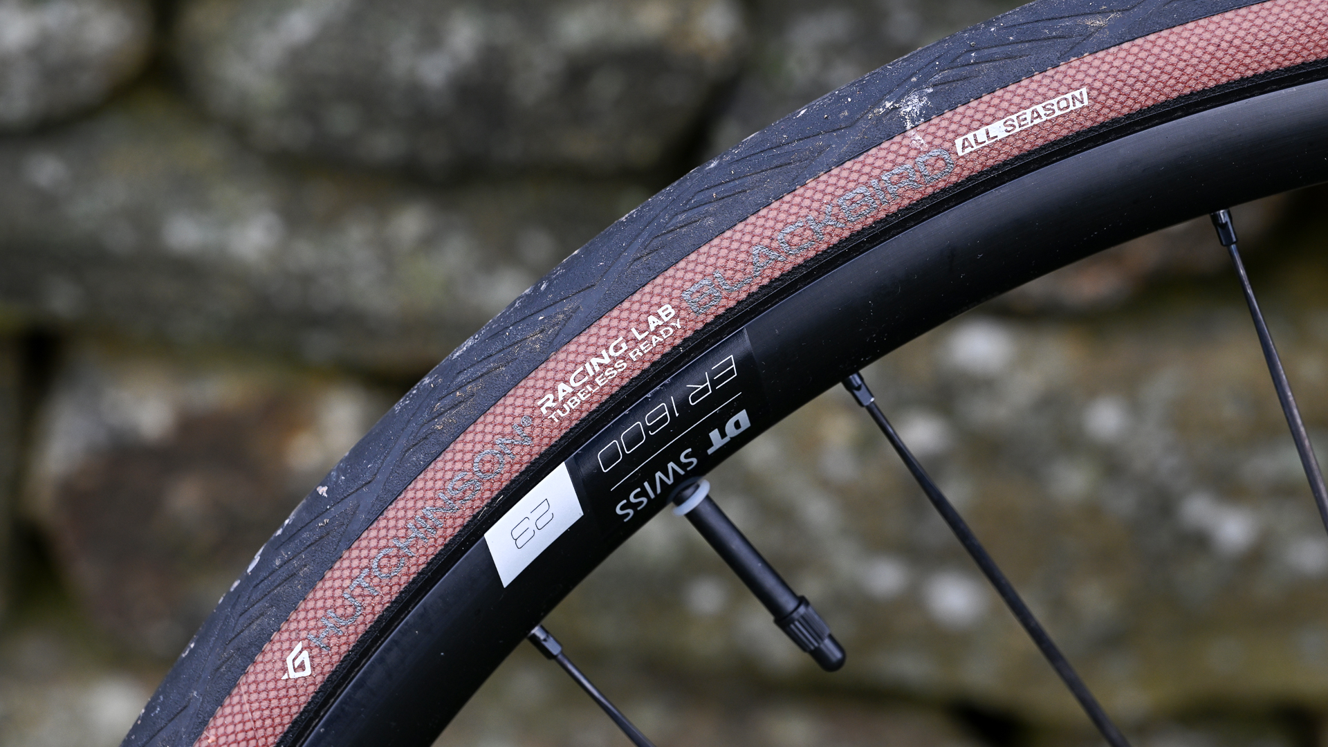 Close up of a tan walled road bike wheel showing the wording Hutchinson Blackbird All Season