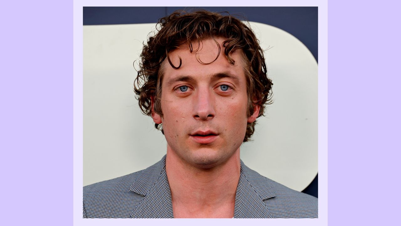 Jeremy Allen White wears a grey suit attends FX&#039;s &quot;The Bear&quot; Los Angeles Premiere at Goya Studios on June 20, 2022 in Los Angeles, California. / in a purple template