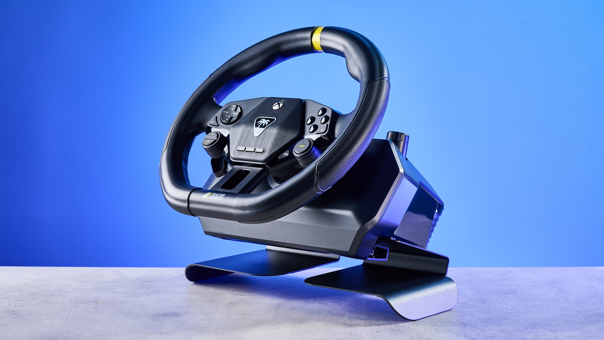 A black Turtle Beach Racer Wireless racing wheel