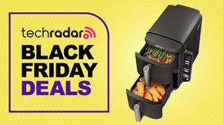 Ninja air fryer on yellow background with text reading "TechRadar Black Friday deals"