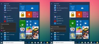 Start menu with Fast User Switching option (left); Start menu without Fast User Switching option (right).