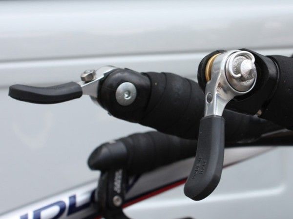 Katusha team sponsor Campagnolo still don't have 11-speed bar-end shifters available so riders are forced to use older equipment.