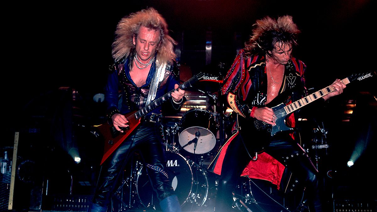 Judas Priest&#039;s K.K. Downing and Glenn Tipton onstage in 1986