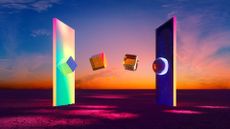 Business transformation concept image showing two monoliths in different colors with objects passing from one to the other.