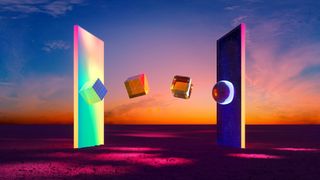 Business transformation concept image showing two monoliths in different colors with objects passing from one to the other.