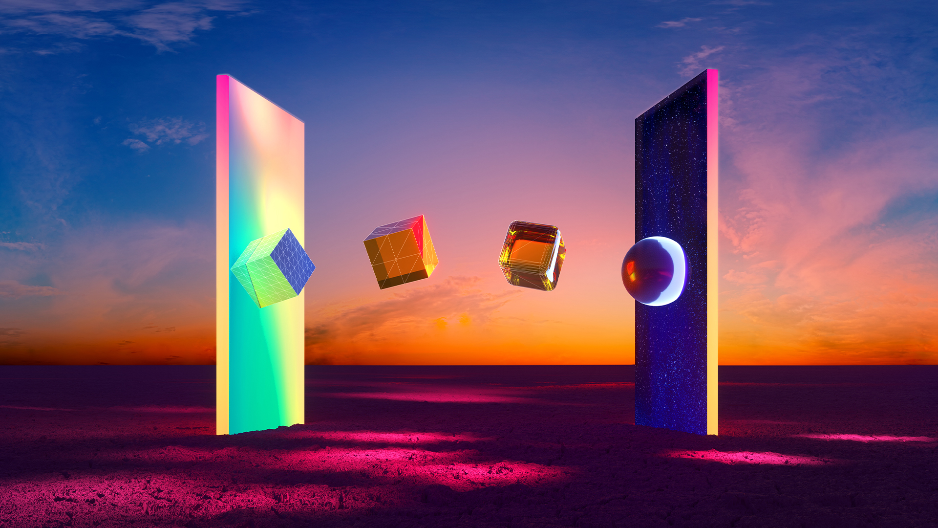 Business transformation concept image showing two monoliths in different colors with objects passing from one to the other.