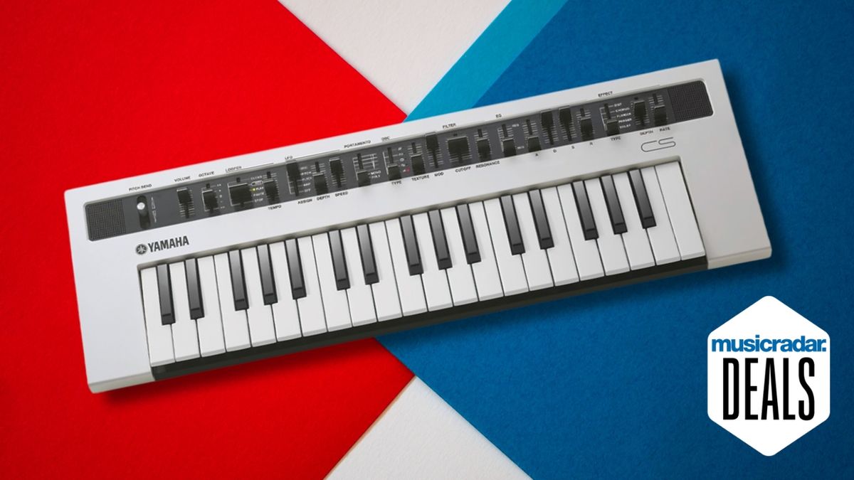 A Yamaha reface CS synthesizer on a red, blue, and white background