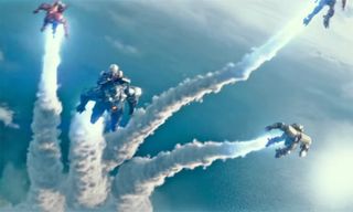 This still shot from the first full "Pacific Rim: Uprising" trailer shows Jaeger mechs launching into the sky with rocket-powered backpacks.