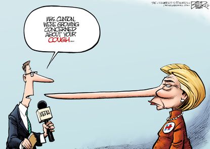Political cartoon U.S. 2016 election Hillary Clinton pinocchio nose media concerned about health