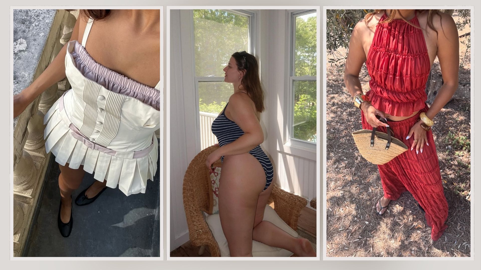 @dananozime showing her décolletage wearing a strappy sundress; @raeannlangas wearing a swimsuit and @slipintostyle wearing a red, sleeveless co-ord