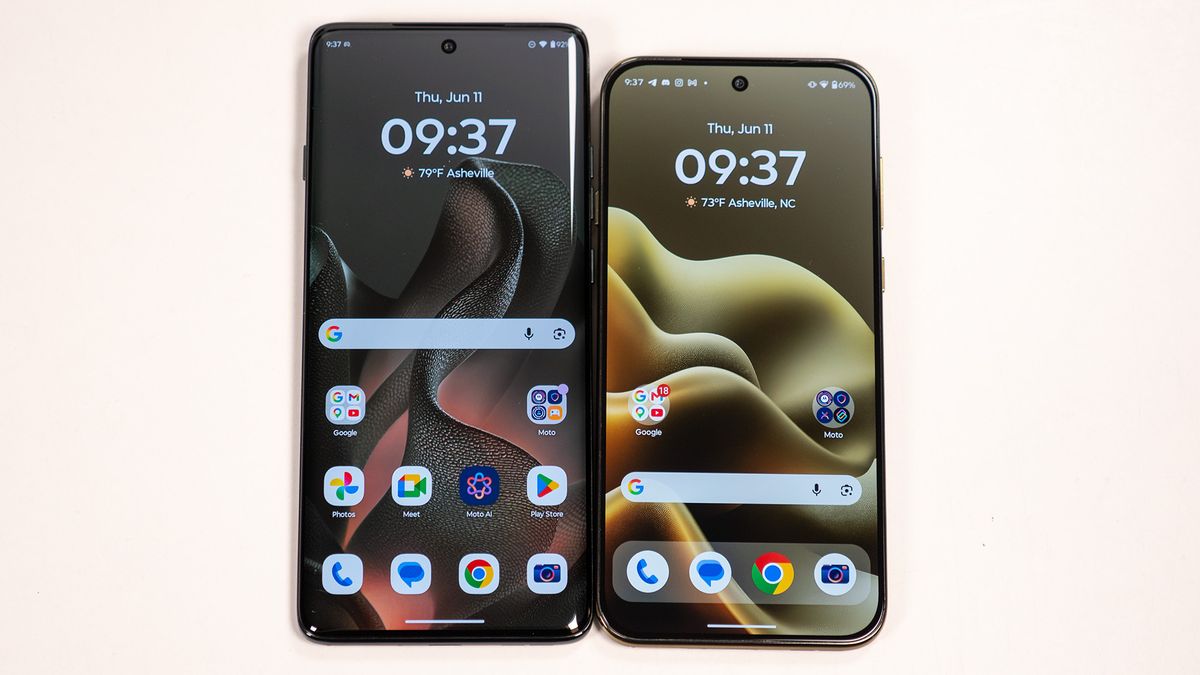 Comparing the olive green Motorola Edge 2026's design with the dark grey Motorola Edge 2025