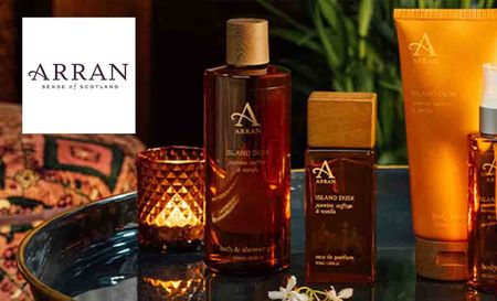 arran logo top left with three arran products