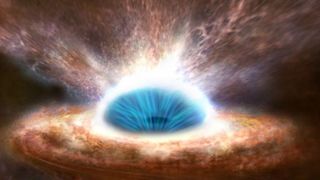 An illustration of a black hole blowing material away with powerful jets