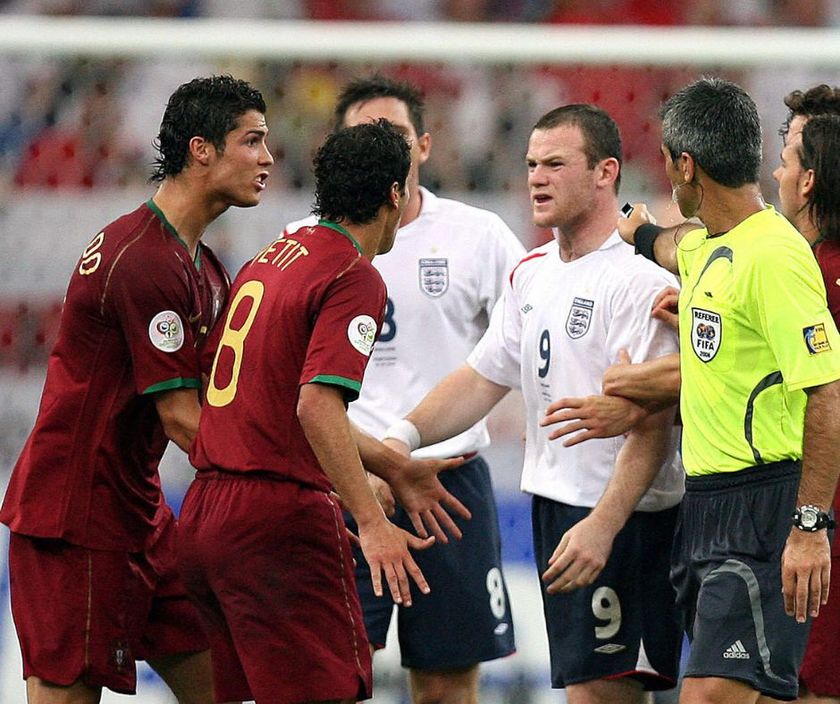 Wayne Rooney clashes with Cristiano Ronaldo and his Portugal teammates at the 2006 FIFA World Cup