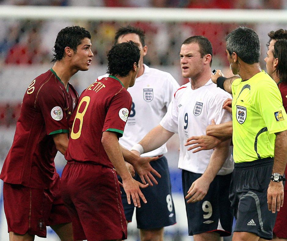 Wayne Rooney clashes with Cristiano Ronaldo and his Portugal teammates at the 2006 FIFA World Cup