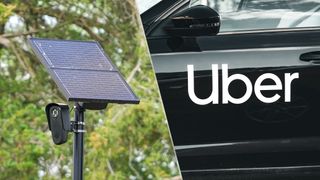 A side by side shot showing a pole-mounted Flock camera on the left and an Uber car on the right