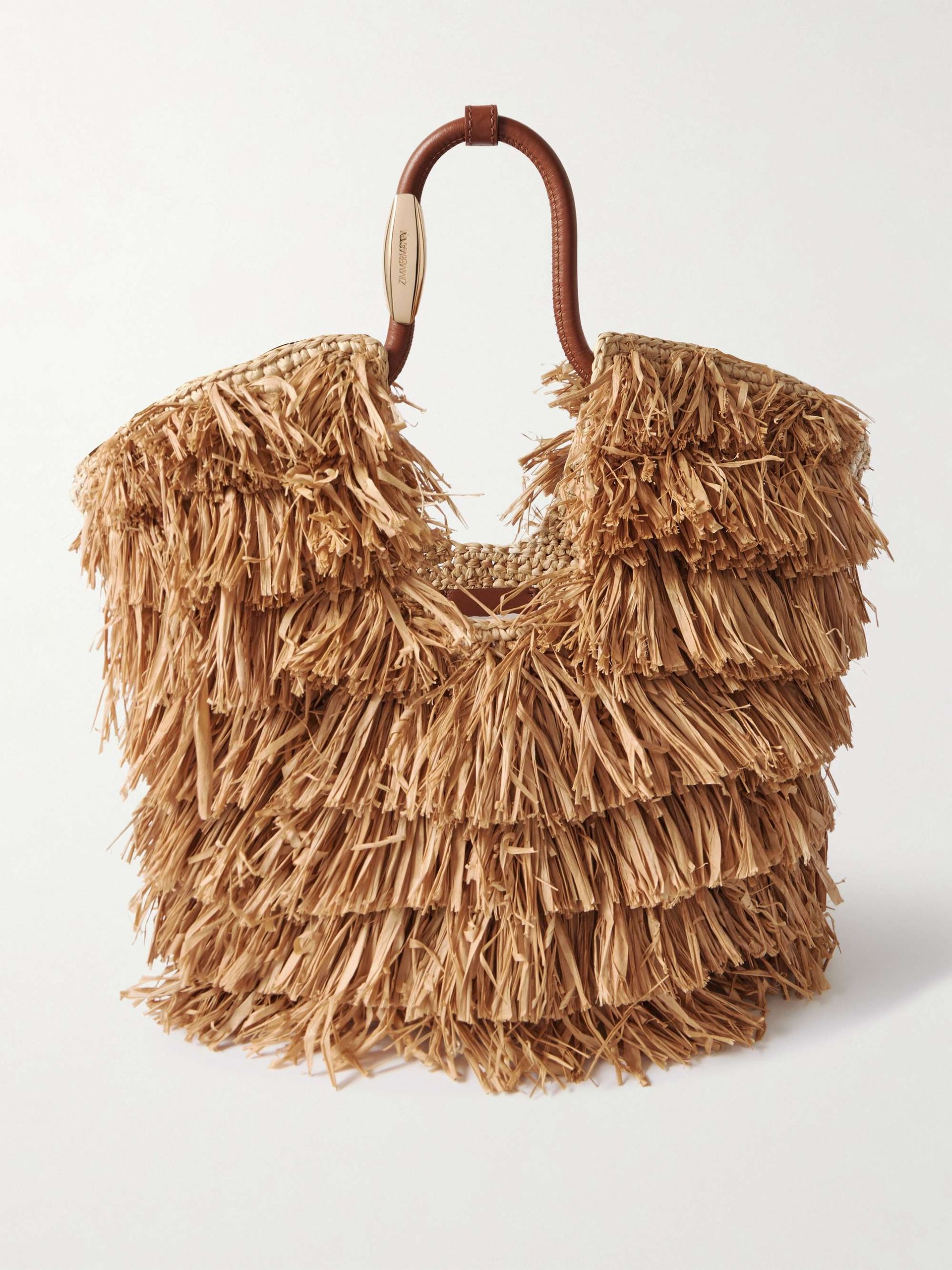 Goldentime Small Leather-Trimmed Fringed Raffia Tote