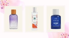 A selection of the best Body Shop fragrances in 2023 on a pale pink background with floral graphics.