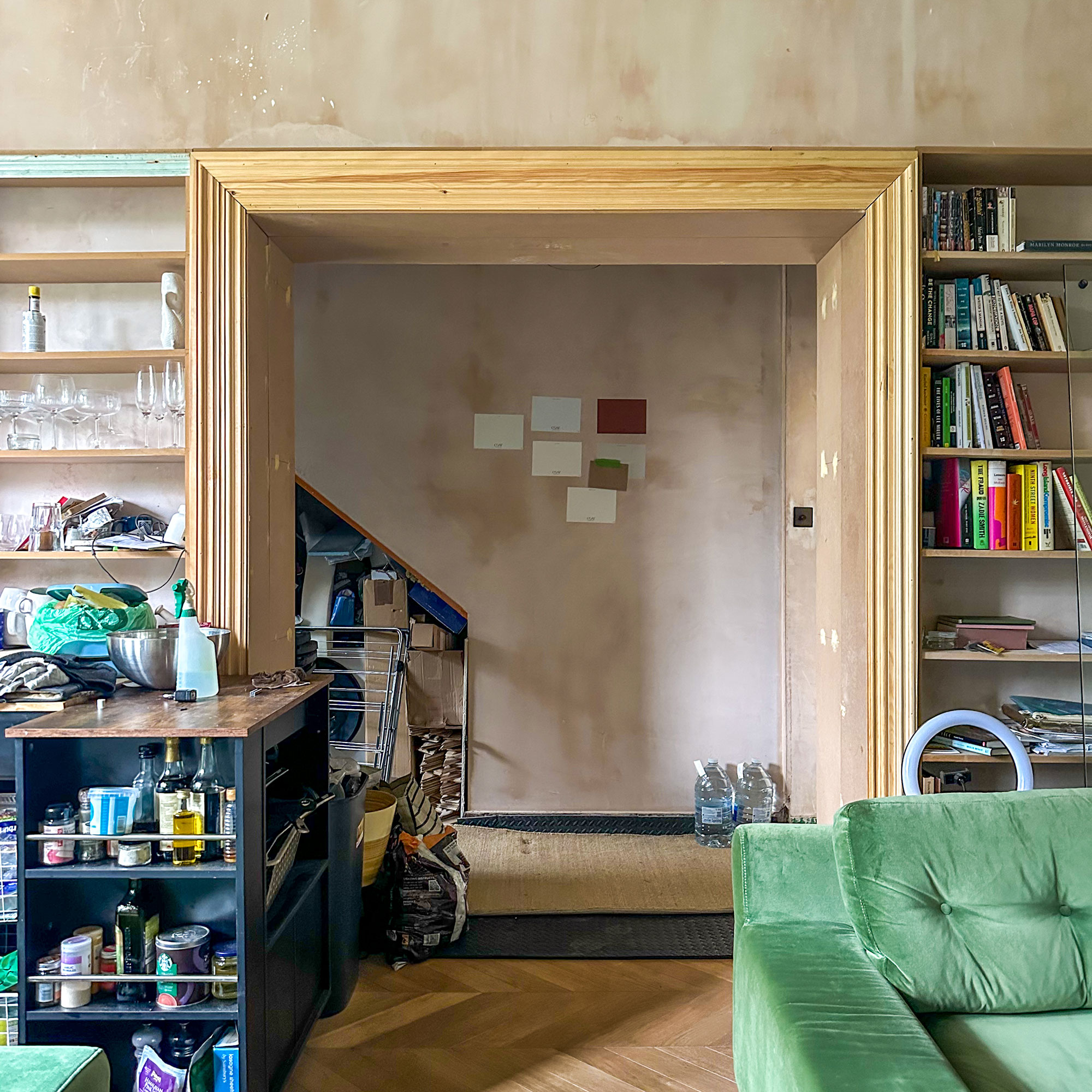 In progress shot of living room and hallway