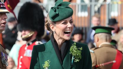 Catherine, Princess of Wales, Colonel of the Irish Guards laughs with soldiers at the 2026 Irish Guards' St. Patrick's Day Parade 