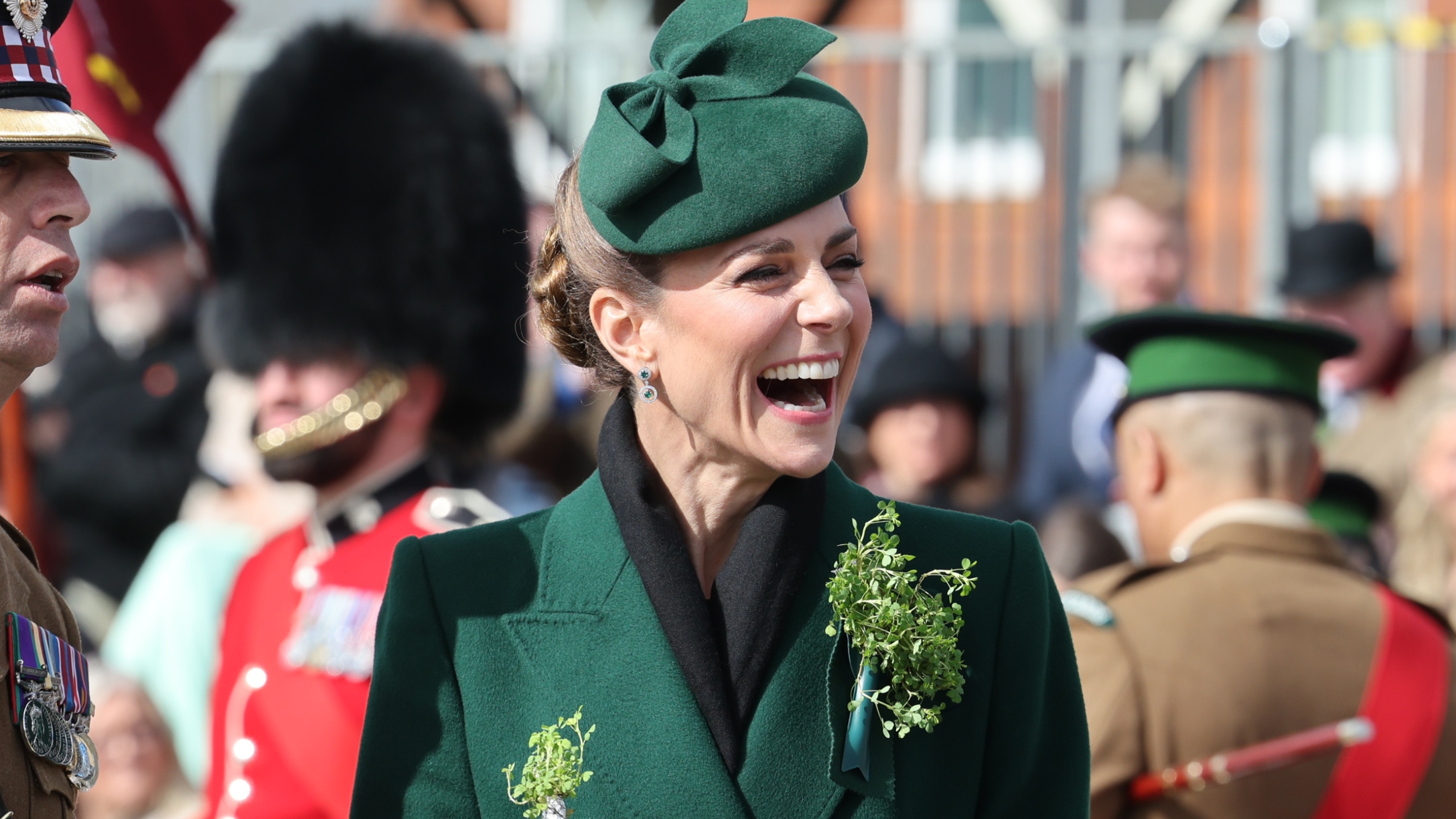 Catherine, Princess of Wales, Colonel of the Irish Guards laughs with soldiers at the 2026 Irish Guards' St. Patrick's Day Parade 
