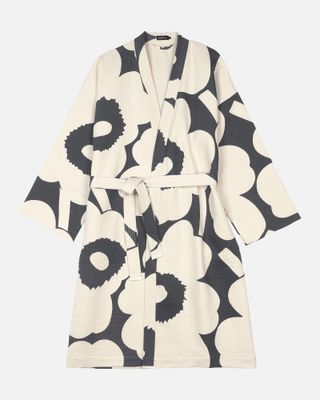 A black and white poppy pattered bathrobe