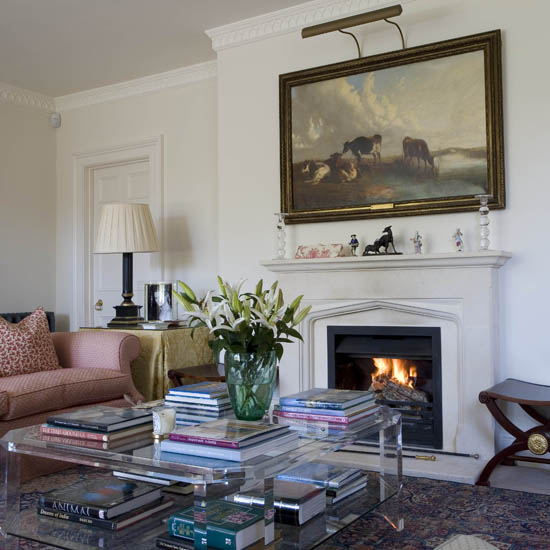 living room with fireplace and sofa