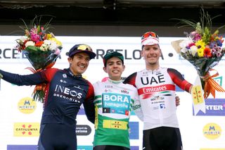 BARCELONA SPAIN MARCH 27 LR Richard Carapaz of Ecuador and Team INEOS Grenadiers on second place stage winner Sergio Andres Higuita Garcia of Colombia and Team Bora Hansgrohe green leader jersey and Joo Almeida of Portugal and UAE Team Emirates on third place pose on the podium during the podium ceremony after the 101st Volta Ciclista a Catalunya 2022 Stage 7 a 1387km stage from Barcelona to Barcelona VoltaCatalunya101 WorldTour on March 27 2022 in Barcelona Spain Photo by Gonzalo Arroyo MorenoGetty Images