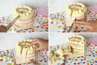 Collage images of cakes being sliced for party bags