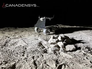 illustration of square-shaped lunar rover nearby rocks on the surface of the moon.