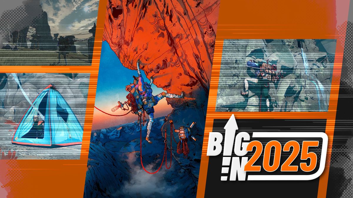 Big in 2025 Cairn montage of images, showing key art dangling off a cliff, an NPC in a tent, and an ascent up the side of a rocky surface