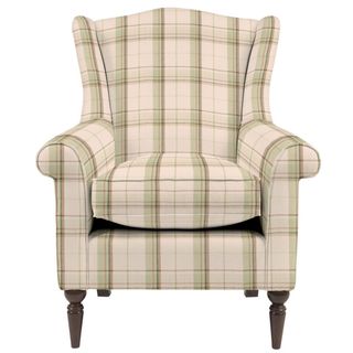 Laura Ashley Finchley upholstered plain back wing armchair in Highland Check Dual Hedgerow