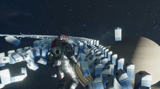 An astronaut smashing into milk cartons