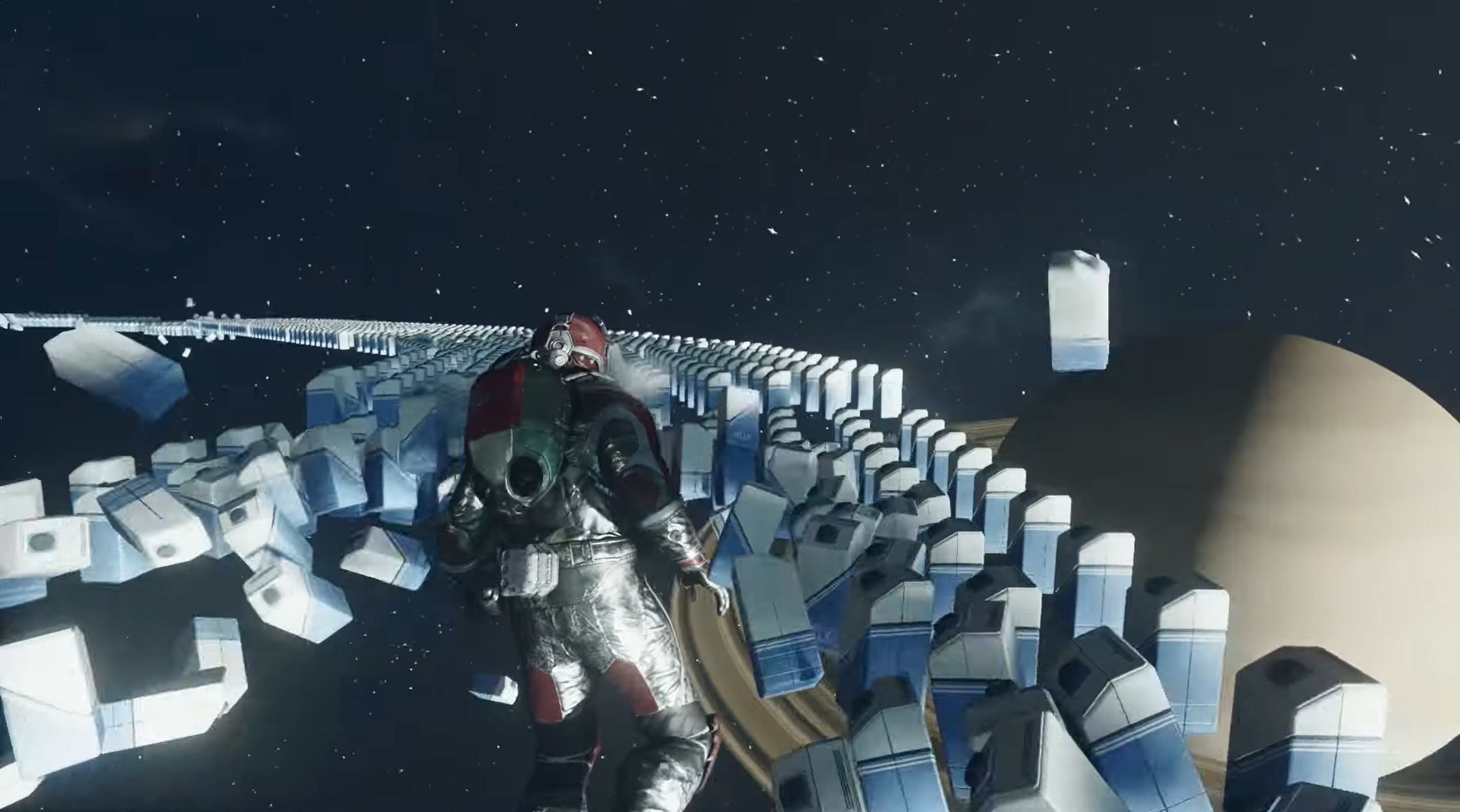  Starfield player spawns thousands of milk cartons in space and smashes into them, resulting in one of the most majestic scenes I've ever witnessed  