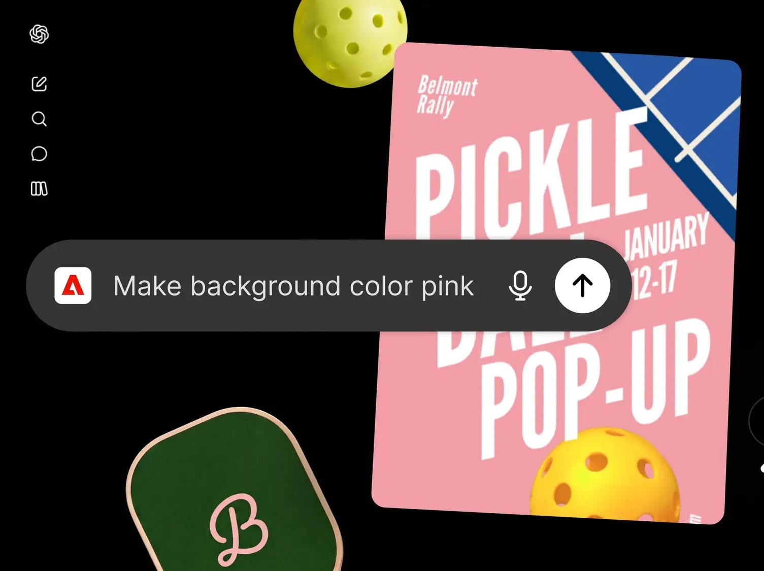 Screenshot of the Adobe plugin in ChatGPT showing the prompt "Make background color pink" applied to a pink and blue pickleball event poster reading "Belmont Rally Pickle Pop-Up".
