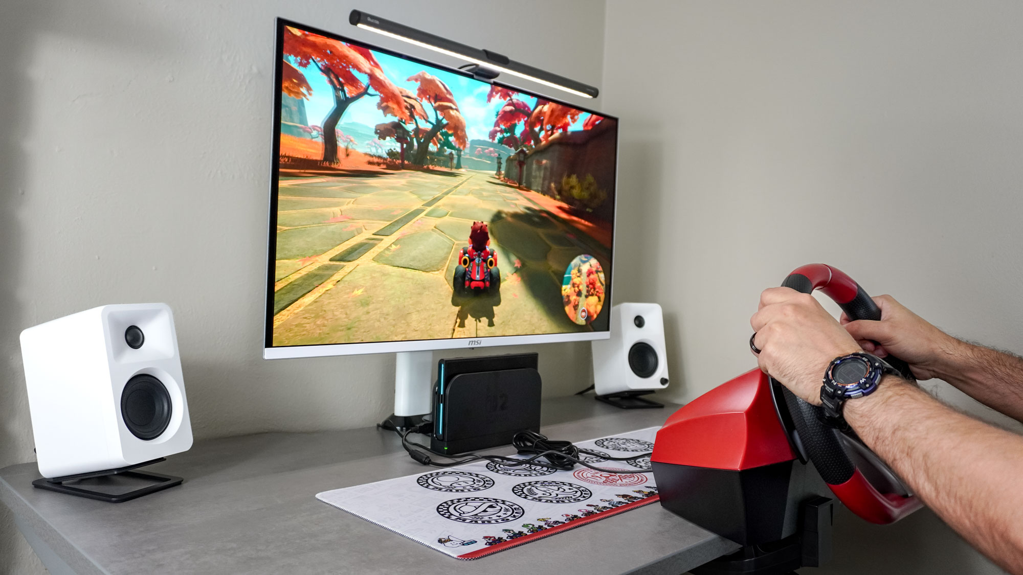 Playing Free Roam mode in Mario Kart World with the Hori Pro Deluxe racing wheel
