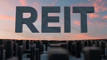 3d rendering of the acronym REIT above a cityscape