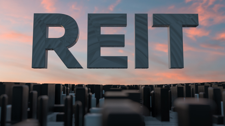 3d rendering of the acronym REIT above a cityscape