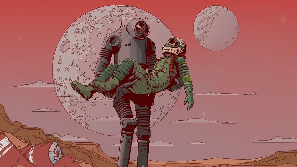 Making The Invincible; a 1950s robot carries an astronaut over a red planet&#039;s sandy surface