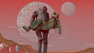 Making The Invincible; a 1950s robot carries an astronaut over a red planet's sandy surface