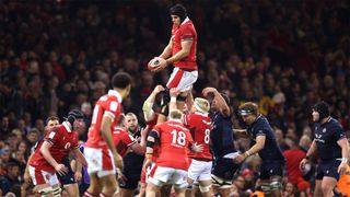 Wales captain Dafydd Jenkins being lifted in a lineout against Scotland.