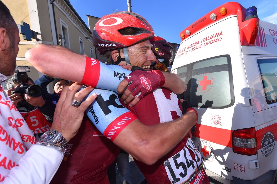Marcel Kittel (Katusha-Alpecin) celebrates with his teammate