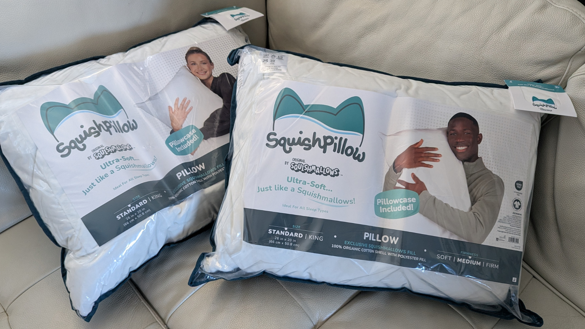 SquishPillows in their package on the couch